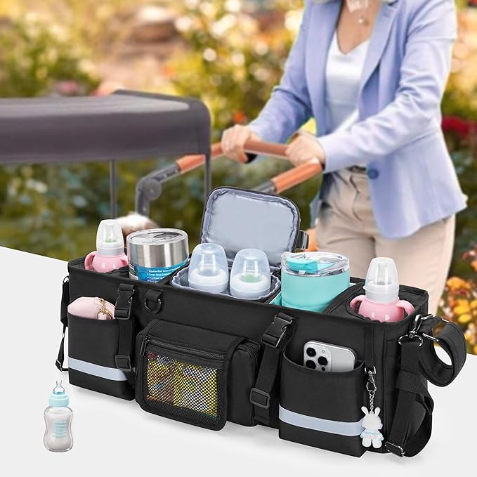 Parent Console Stroller Organizer Compatible with WONDERFOLD W4, with Four Insulated Cup Holders, a Removable Cooler Bag, Special Board Design Make It Not Easy Collapse and Tilting, Black