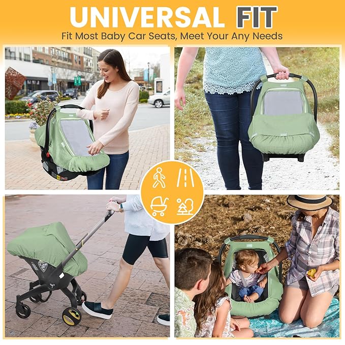 Orzbow Cotton Baby Car Seat Cover, Breathable Car Seat Canopy for Girls Boys with Mesh Window, Lightweight Baby Carrier Cover for Wind, Dust, Sun and Insects Protection, Universal Fit, Green