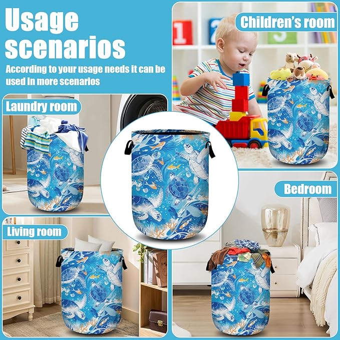 Sea Turtle Laundry Basket, Ocean Fish Coral Laundry Hamper Collapsible Oxford Cloth with Handle Clothes Toy Storage Bin for Bathroom Laundry Room Bedroom 15.7 X 20 Inch