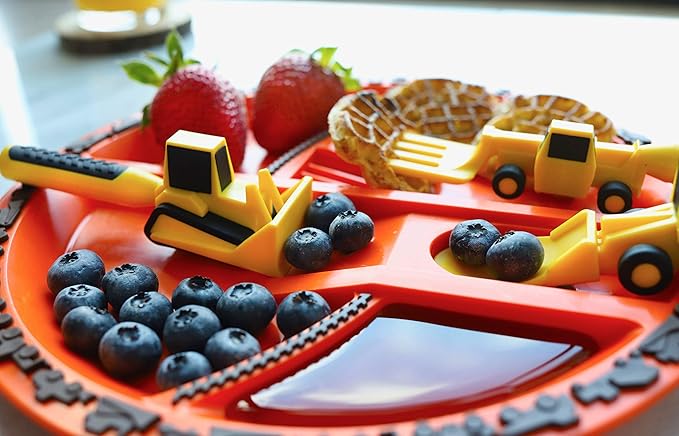 Constructive Eating Plate and Utensils Set - USA-Made Toddler Dinnerware with Divided Plates (Construction)