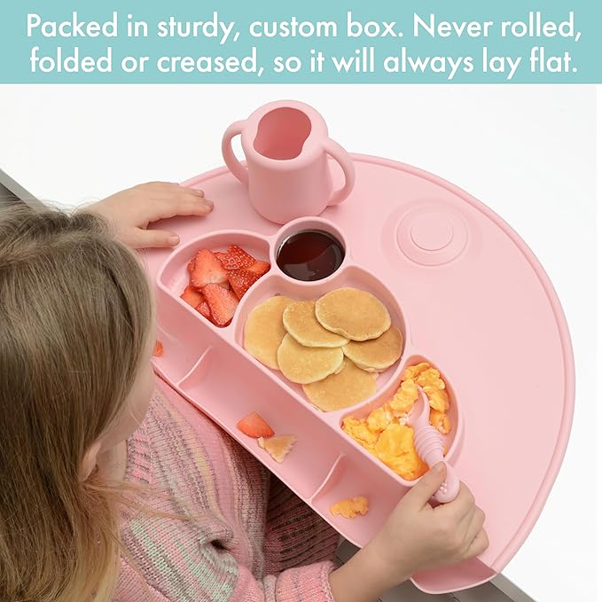 PrimaStella Silicone Placemat for Toddlers - Divided Toddler Plate, Suction Placemat and Food Catcher All-in-one (Purple)