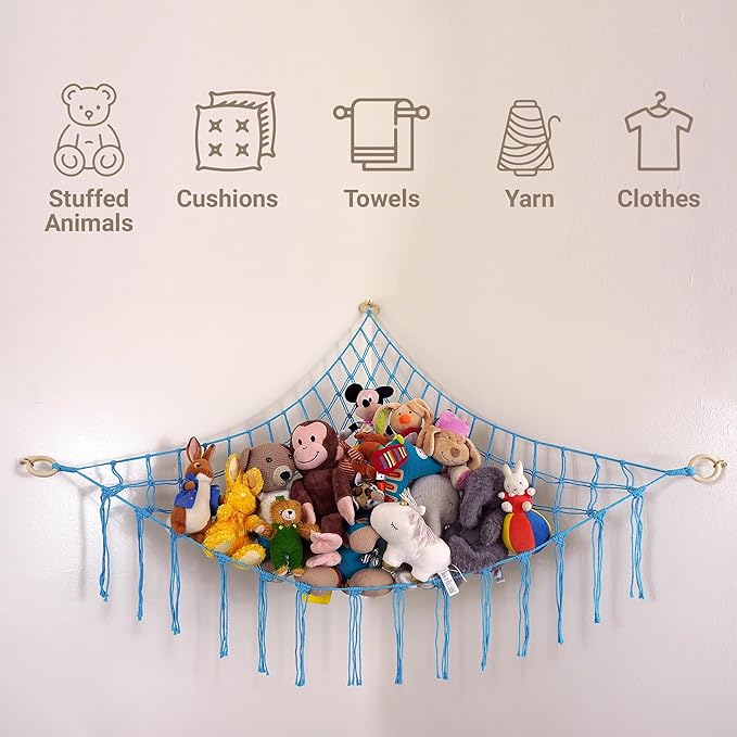 ABBY BABY Large Stuffed Animal Hammock Corner - Stuffed Animal Storage - 100% Natural Cotton Macrame Stuffed Animal Net - Stuff Animal Organizer - Net For Stuffed Animals Corner Large-Blue