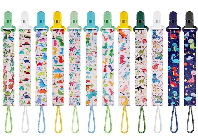 12 Pack Pacifier Clips with Adjustable Strap (32-46.5cm)/Short Strap(25.5cm) - Premium Polyester Baby Pacifier Holder Set, Multi-Design Clips for Boys Girls (Multicolor F 24/25cm)