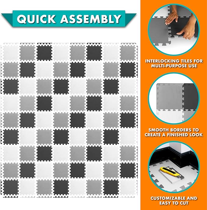 ProSource Baby Play Mat, Soft Foam Floor Tiles for Kids, Interlocking EVA Panels for Playpen Use, Crawling Development Surface, Safe Non-Toxic Toddler Flooring, 72 Tiles, Black/Gray/White