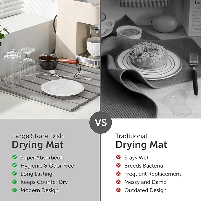 Large Stone Dish Drying Mat for Kitchen Counter, 2PCS Quick Dry Stone Dishes Mats, Foldable Water Absorbing Diatomaceous Earth Drying Pad for Bottles Dish Cups(Light Gray 24"×16" & 8"x5")