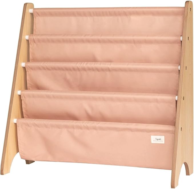 3 Sprouts Recycled Fabric Kids Bookshelf β 4-Tier Sling Book Rack Organizer - Nursery Room Playroom Classroom Wooden Book Shelves - Kid Bookcase Wood Storage Shelf for Toddler Age 3+ - Clay