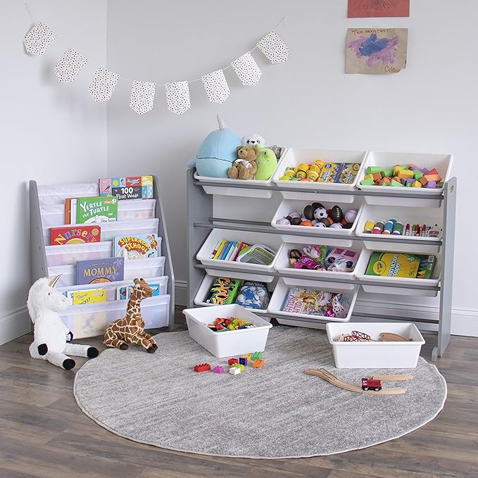 Humble Crew Kids Bookshelf 6-Tier Book Rack Organizer, Extra Large Toddler Bookcase with Fabric Storage Pockets, Front-Facing Display for Children’s Books, Grey/White, Nursery & Playroom Storage