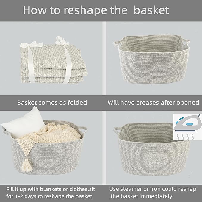 Large Rectangle Blankets Basket Living Room 22"x17"x12" Woven Cotton Rope Storage Baskets for Nursery Toy Baskets for Kids and Dogs Laundry Basket Bin for Clothes Towels grey
