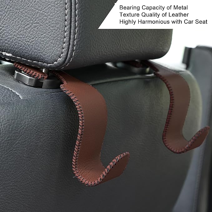 Amooca Car Seat Headrest Hook Universal Vehicle Storage Hanger Leather with Metal Car Seat Back Organizer for Handbag Purse Coat Brown 4 Pack