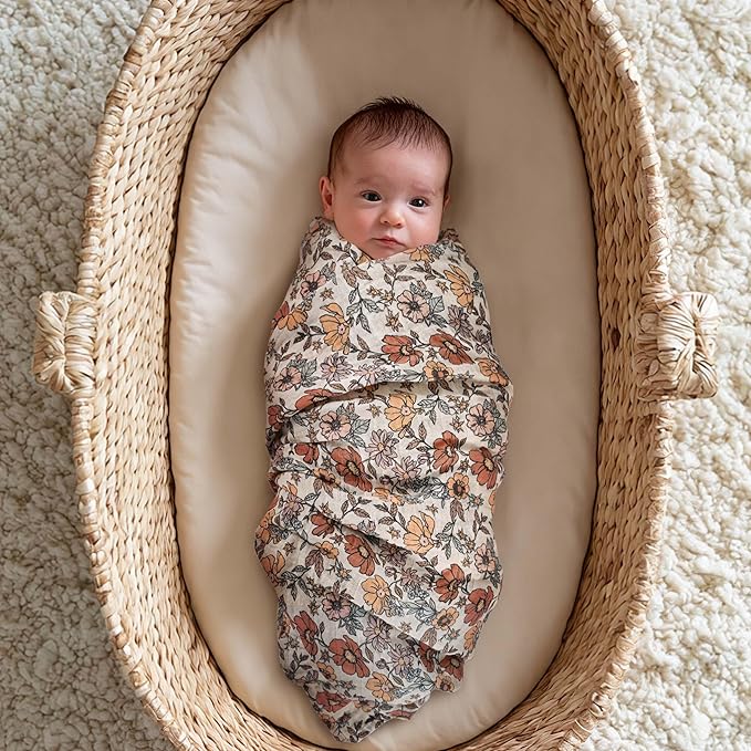 Muslin Swaddle Blankets for Newborn, 4 Pack Cotton Baby Blanket, Large 31.5 x 43.3 inch Breathable Soft Receiving Blanket, Essentials Swaddle Wrap Burping Clothes, Vintage Flowers