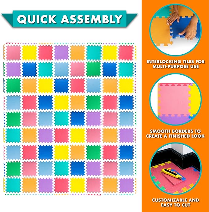 ProSource Baby Play Mat, Soft Foam Floor Tiles for Kids, Interlocking EVA Panels for Playpen Use, Crawling Development Surface, Safe Non-Toxic Toddler Flooring, 72 Tiles, Multicolor