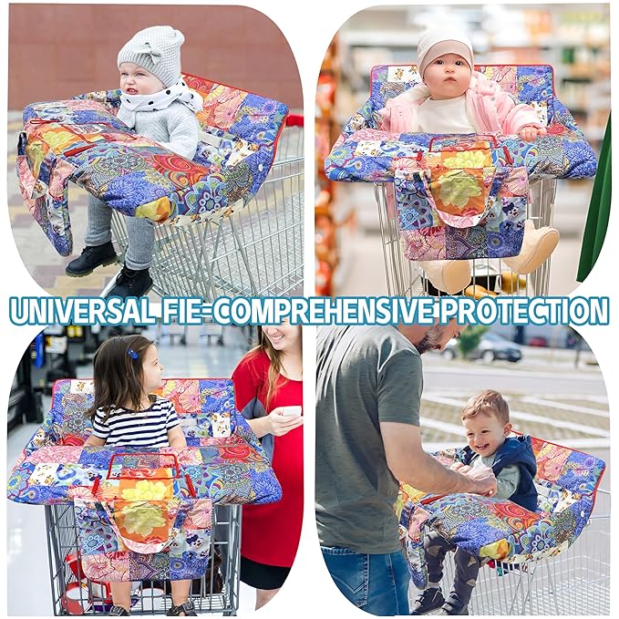 Shopping Cart Cover for Baby,2-in-1 High Chair Cover Soft,Portable, and Machine Washable,Comfortable Cotton Seat Pad with Safety Harness and Portable Cloth Bag,Fits All Supermarkets and Restaurants
