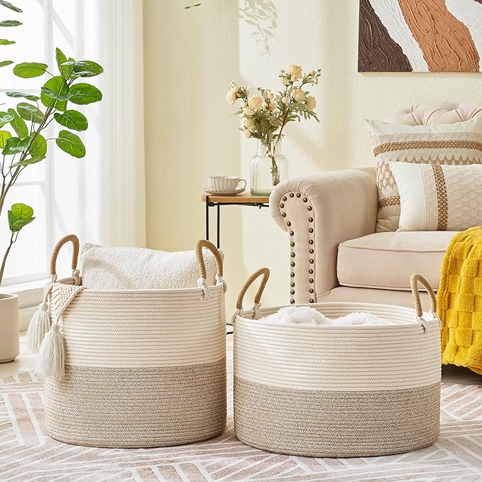 KAKAMAY Cotton Rope Storage Basket (20"x13"),Woven Hamper for Blankets,Toys,Pillows,Clothes,Laundry,Sturdy Handles Decorative Basket for Living Room, Bedroom,Nursery(Beige)
