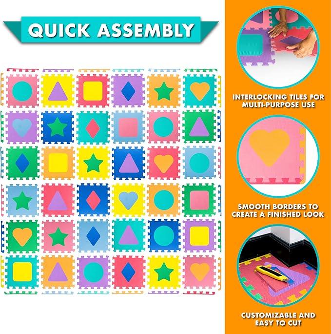 ProSource Kids Puzzle Alphabet & Numbers & Shapes Foam Play Mat 36 Tiles, 12"x12" and 24 Borders