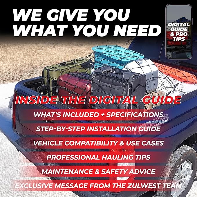 ZULWEST Heavy Duty Cargo Net for Pickup Truck Bed 4x6 ft Stretches to 8x12 ft - 10mm Bungee Mesh with 12 Carabiners, Anti-Slip Gloves & Digital Guide - Truck Bed Netting for Cargo, SUV, Roof Rack