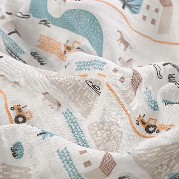 Muslin Swaddle Blankets for Newborn, 4 Pack Cotton Baby Blankets, Large 31.5 x 43.3 inch Breathable Soft Receiving Blanket, Essentials Swaddle Wrap Burping Clothes, Blue Farm Country
