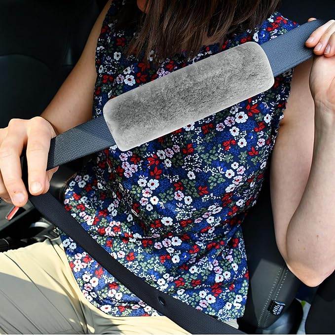 Amooca Authentic Sheepskin Seatbelt Cover Real Wool Car Truck SUV Airplane Seat Belt Shoulder Pad for Carmera Backpack Straps Neck Cushion Protector 2 Pack Light Grey