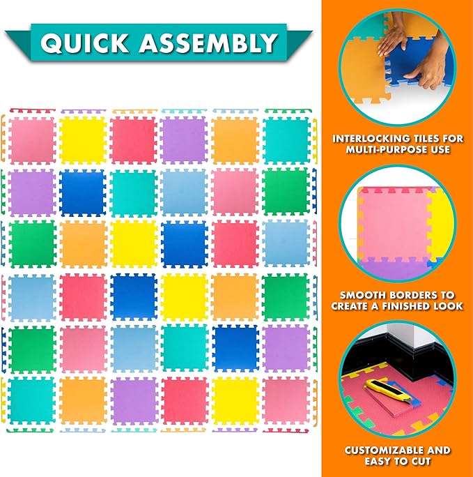 ProSource Foam Puzzle Floor Play Mat for Kids and Babies with Solid Colors, 36 or 16 Interlocking Tiles with Borders, Assorted