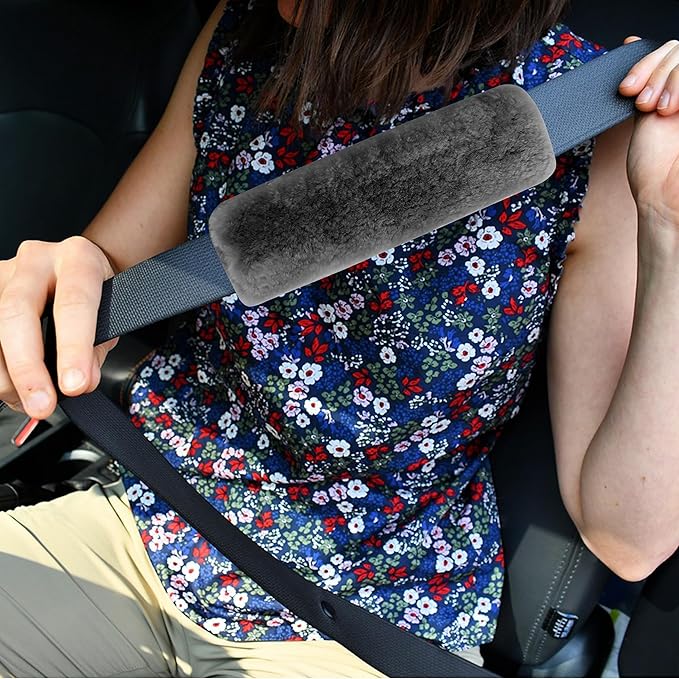 Amooca Authentic Sheepskin Seatbelt Cover Real Wool Car Truck SUV Airplane Seat Belt Shoulder Pad for Carmera Backpack Straps Neck Cushion Protector 2 Pack Dark Grey