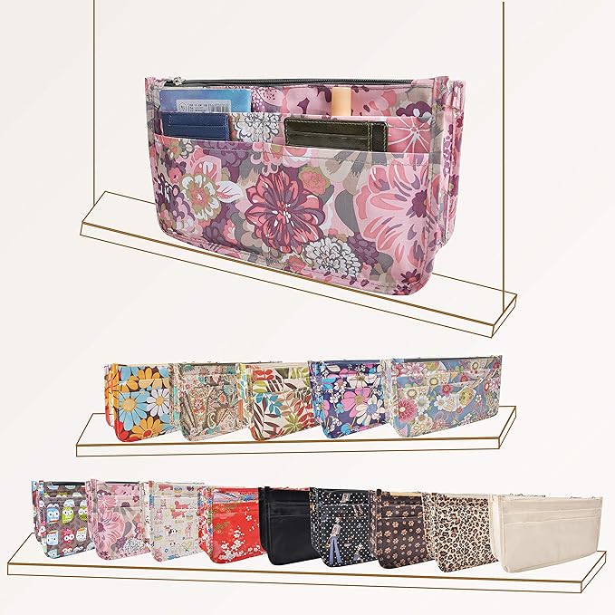 Vercord Patterned Purse Handbag Tote Pocketbook Bag Organizer Insert with Zipper Handle for Women Large Peony