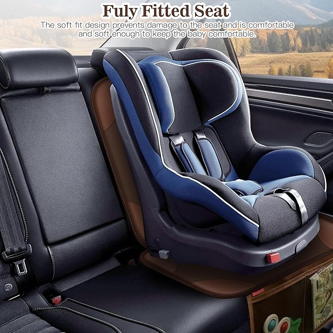 Sinvitron Car Seat Protector for Child Car Seat - Waterproof Non-Slip Leather Mat with 2 Mesh Pockets, Universal Seat Cover for Baby, Pets & Vehicles(2-Pack, Brown)