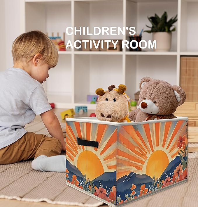 FDHSPAAM Boho Wildflower Sunshine Storage Bins Box with Handles, Maximalist Eclectic Sun Sunrise Sunset Collapsible Fabric Storage Basket Box Organizer for Bedroom Bathroom Clothes Toys Books