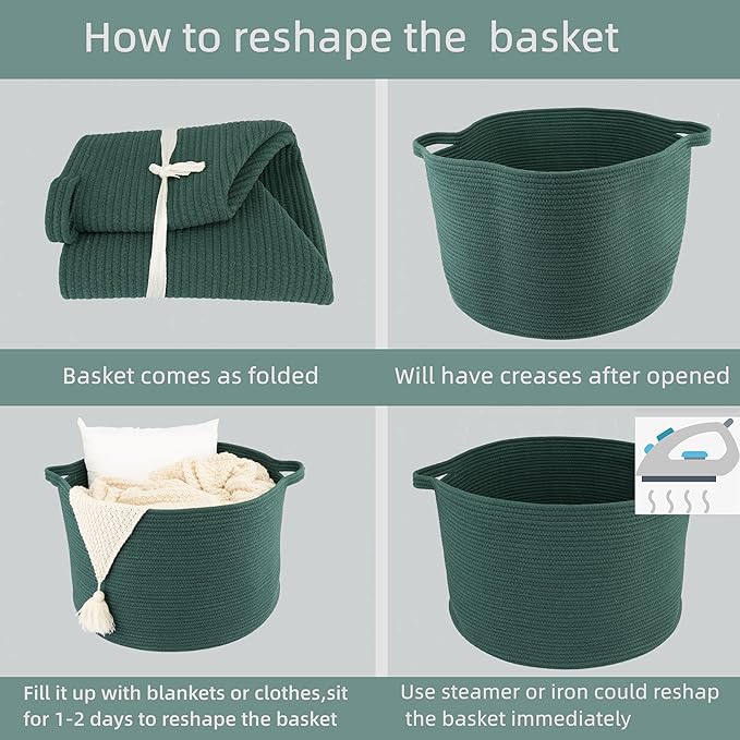 XUANGUO Large Cotton Rope Basket – 22"x14" Woven Storage Basket for Blankets, Toys, Laundry, and Nursery – Round Baskets for Living Room and Kids Dark Green