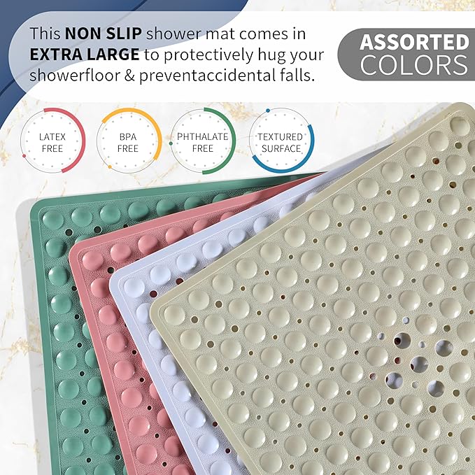 Yimobra Shower Stall Mat Non Slip, 21x21 Inch, Soft Square Bath Mat for Shower with Suction Cups and Drain Holes, Stall Floor Mats for Bathroom, Machine Washable, Bathroom Accessories,Navy Blue
