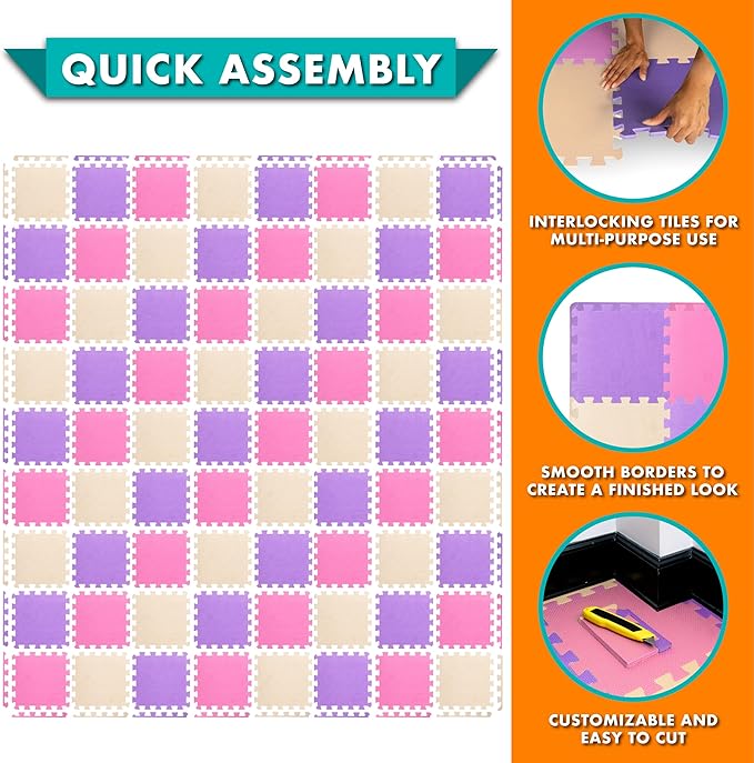 ProSource Baby Play Mat, Soft Foam Floor Tiles for Kids, Interlocking EVA Panels for Playpen Use, Crawling Development Surface, Safe Non-Toxic Toddler Flooring, 72 Tiles, Pink/Purple/Beige