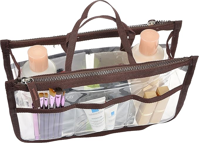 Vercord Translucent Purse Handbag Tote Pocketbook Bag Organizer Insert with Zipper Handle for Women Medium Brown