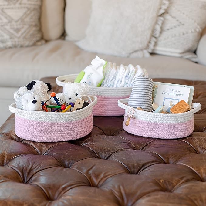NaturalCozy 3-Piece Oval Storage Basket Set– Soft Natural Rope Woven Baskets for Storage Shelf, Toy, Nursery, Gift, Baby Shower, Pets Cat Dog Bins | Small Basket for Organizing (Off White & Pink)