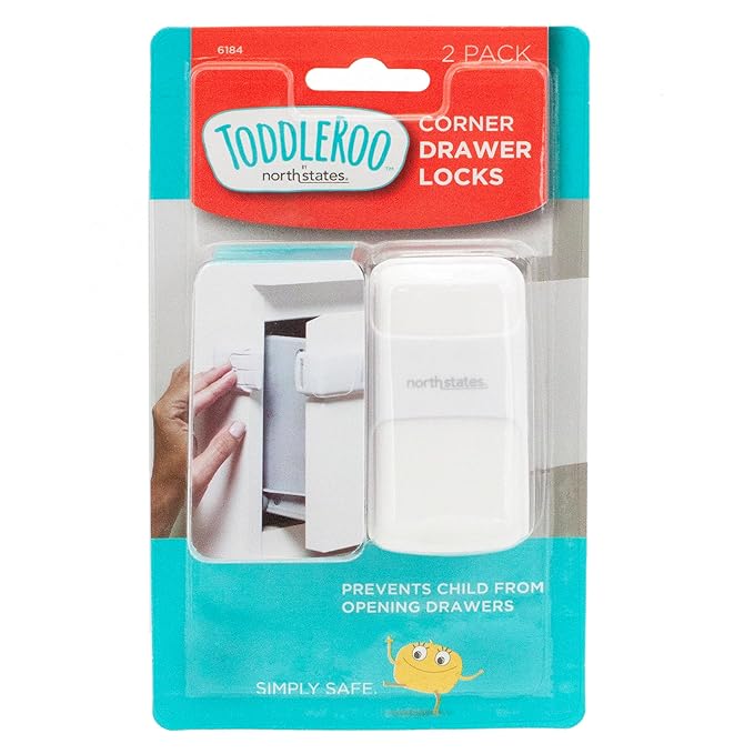 Toddleroo by North States - Corner Drawer Locks for Baby Proofing: Child Proof Drawer Locks - 2 Pack - White