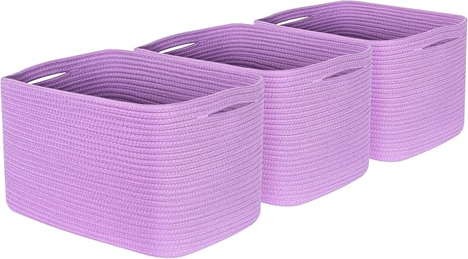MINTWOOD Design 3-Pack Storage Baskets for Shelves, Decorative Baskets for Organizing, Woven Baskets for Storage, Book Basket Cube Storage Bin Box, Pantry Closet and Shoe Organizers, Lilac Purple