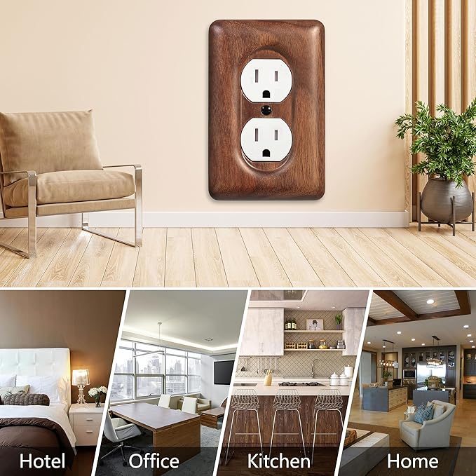 2-Pack Wood Outlet Covers Solid North American Walnut Plug Plate Covers, Electrical Wall Plates for Outlets