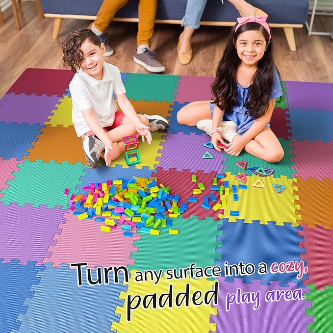 36 Tiles with Borders | 12" x 12" Baby Play Mat Foam Puzzle Floor Tiles | Non-Toxic Soft Waterproof Interlocking EVA Playmat for Nursery Playroom Playpen Toddler Tummy Mat