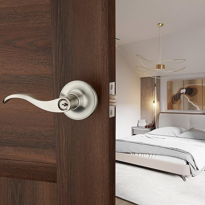 1 Pack of HENYIN Wave Lever Keyed Entry Door Lock/Door Knob Hardware Handle and Closet Lockset, Silver Color, with Key,Left Hand(805SN-L)