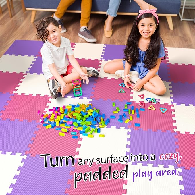 36 Tiles with Borders | 12" x 12" Baby Play Mat Foam Puzzle Floor Tiles | Non-Toxic Soft Waterproof Interlocking EVA Playmat for Nursery Playroom Playpen Toddler Tummy Mat
