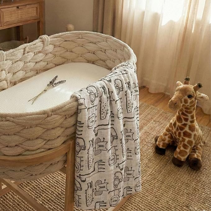 Muslin Swaddle Blankets for Newborn, 4 Pack Cotton Baby Blankets, Large 31.5 x 43.3 inch Breathable Soft Receiving Blanket, Essentials Swaddle Wrap Burping Clothes, Grey Animals