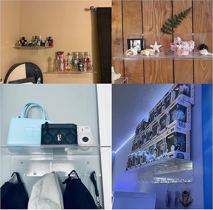 CY craft 15.8 inch Acrylic Invisible Floating Bookshelf for Kids Room,Funko Pop/Mini Figures/Lego Toy Storage Rack Bathroom Makeup Shelf Organizer Key Hangers for Wall Decor Entryway with Hooks