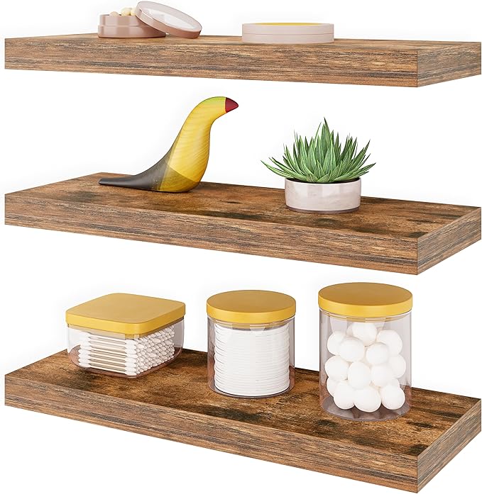 Ballucci Floating Shelves, 16" Wood Wall Shelf Set of 3, Invisible Brackets Floating Shelf for Wall Decor Living Room, Bathroom, Bedroom, Kitchen, 6" Depth, Rustic Brown
