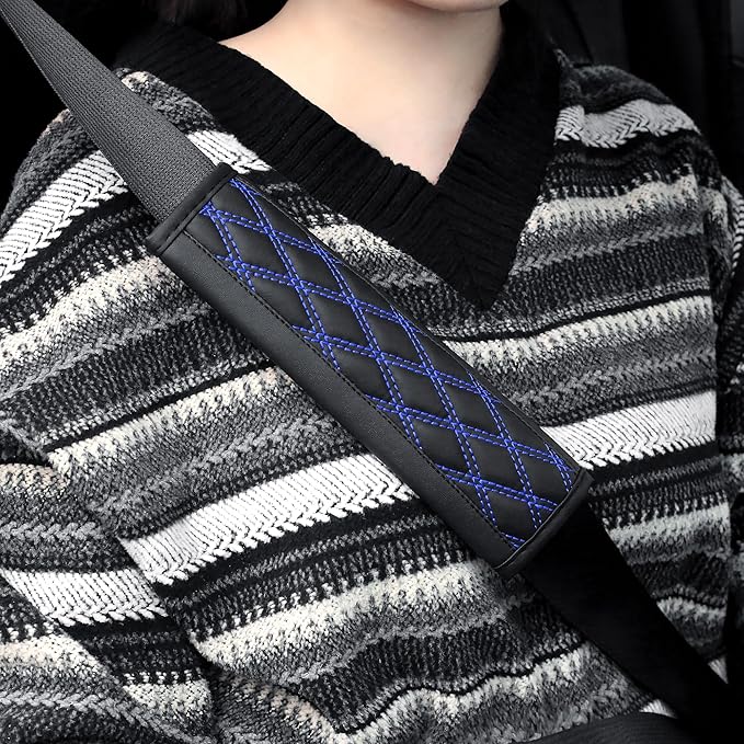 2PCS Car Seat Belt Cover Pads,Leather Seatbelt Covers Protect Shoulder and Neck Car Accessories Interior,Universal Car Seat Strap Pads Car Decorations for Most Cars Trucks (Black/Blue)