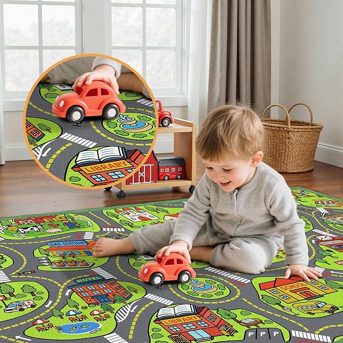 Upgrade Ultra Non Slip Kids Car Rug, Kids Road Playmat Rug for Toy Cars, Educational Town City Map Washable Carpet for Boy Playroom Bedroom, Safer Car Track Play Mat for Children Baby Toddler, 40"x24"