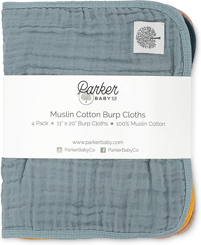 Parker Baby Muslin Burp Cloths | 100% Cotton Burping Clothes, Newborn Essential | Must-Have Baby Registry, Modern and Trendy Colors | 20"x11" Unisex Large Baby Burp Cloths, 4-Pack Dune Set