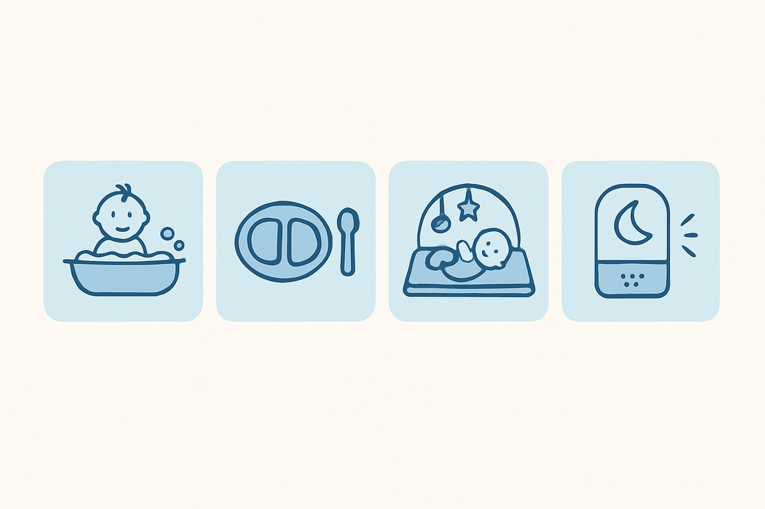 "Baby bath, mealtime plate and spoon, playmat activity gym, and nightlight icons illustrated in soft blue squares on a neutral background, representing gentle baby daily routines."