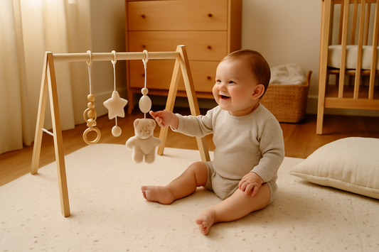 Baby sitting and smiling on a speckled cream play mat in a warm sunlit nursery, reaching toward plush hanging toys on a wooden activity gym.