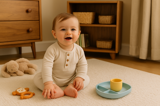 Baby sitting and smiling in a warm sunlit nursery, reaching toward a monkey teether with a blue silicone plate and plush toys on a cream textured rug.