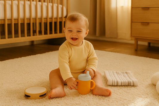 Baby sitting and laughing on a soft cream rug in a warm sunlit nursery, holding an orange sippy cup with a wooden tambourine and striped washcloth nearby.