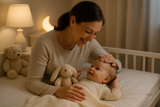 Mother gently comforting her baby during a bedtime moment in a softly lit nursery, as the baby smiles while holding a plush bunny toy.