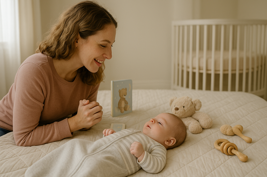 Mother gently smiling while interacting with her baby on a soft nursery bed surrounded by plush toys and wooden rattles during a calm bonding moment.