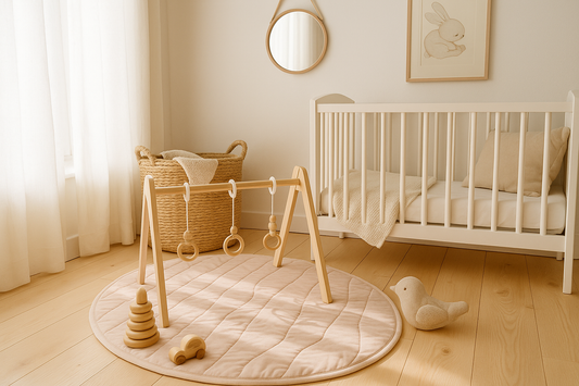 “A cozy nursery corner with warm natural light, a wooden baby gym, soft pastel play mat, woven storage basket, and crib creating a calm and inviting baby space — GrowBright Baby”
